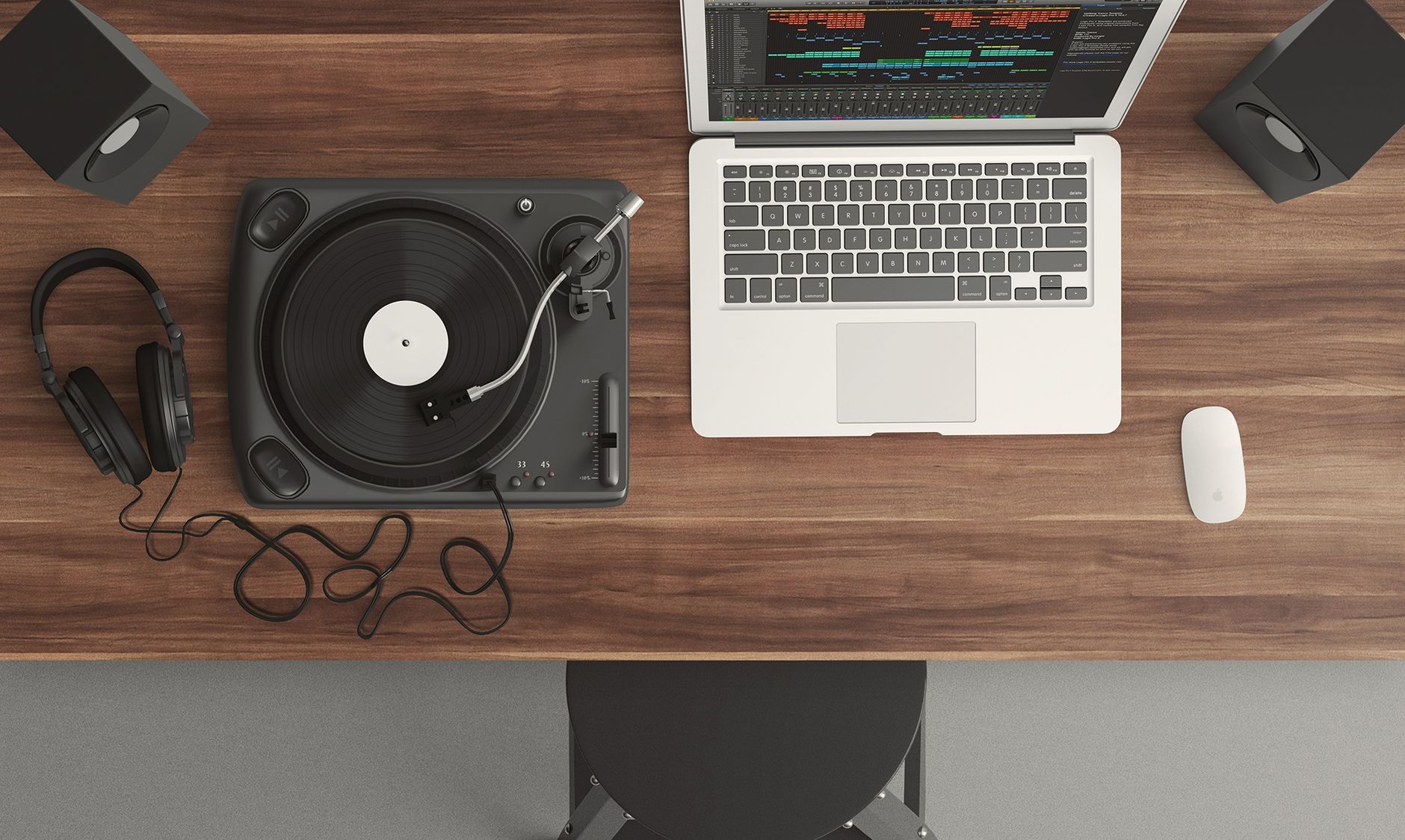 audio interface headphones coiled cable desk
