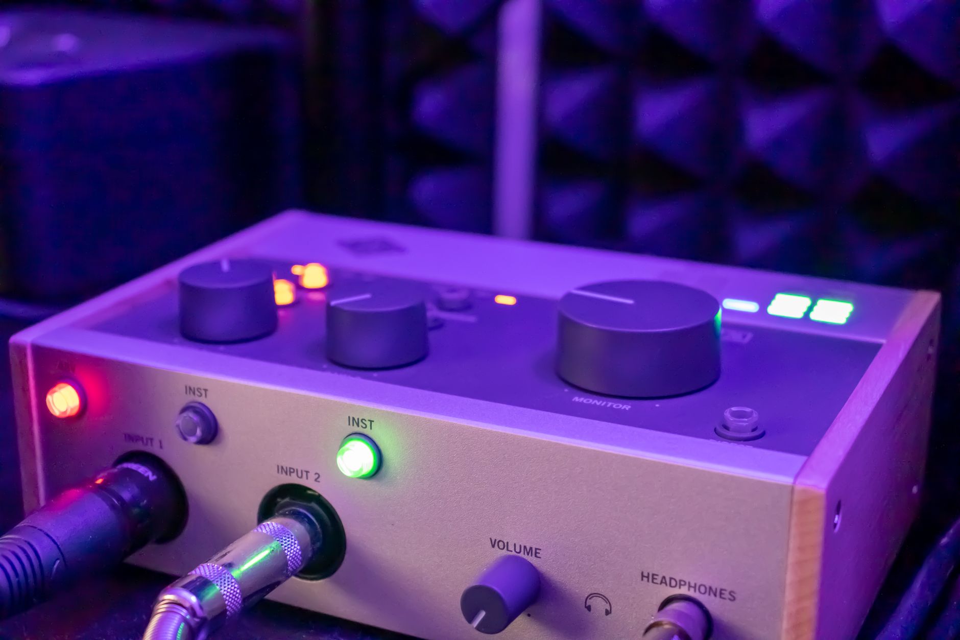 audio interface front panel knobs and XLR input close-up