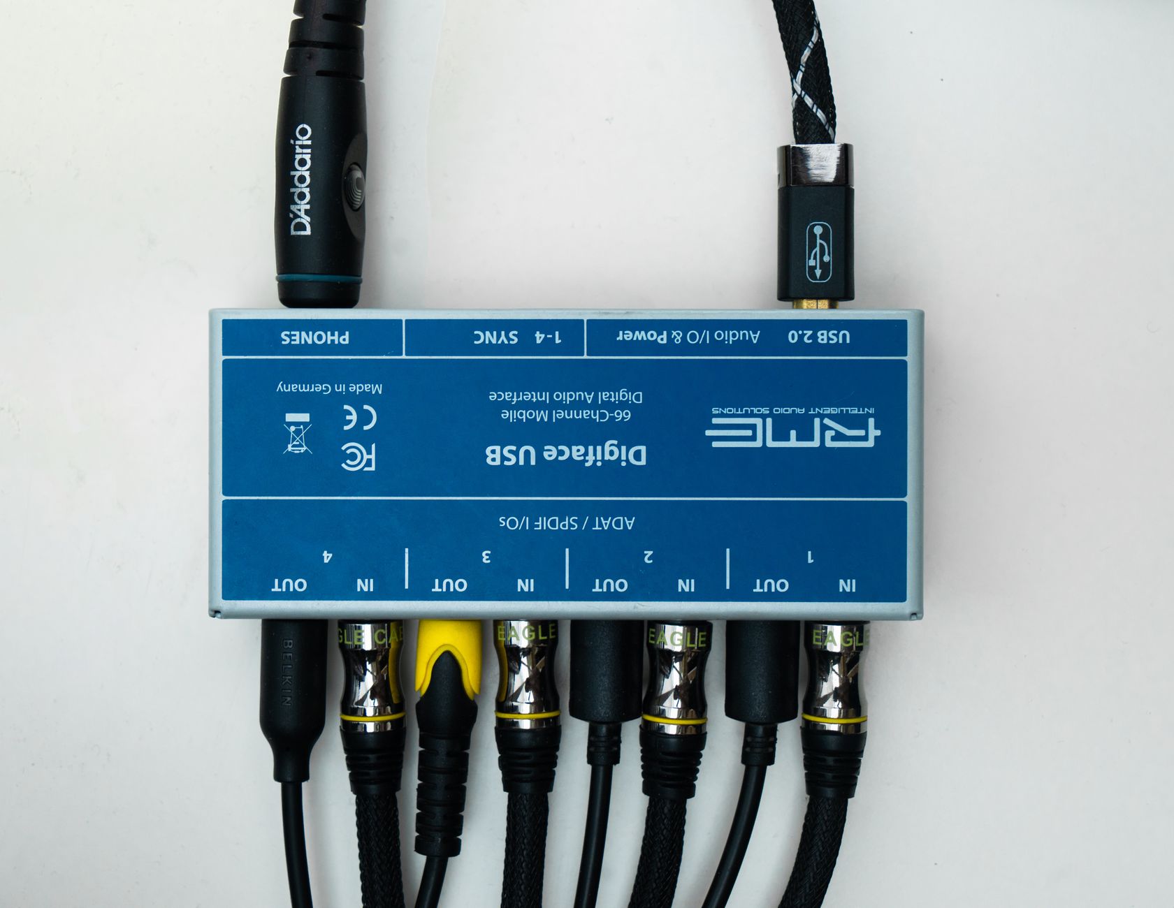 guitar cable plugged into audio interface instrument input