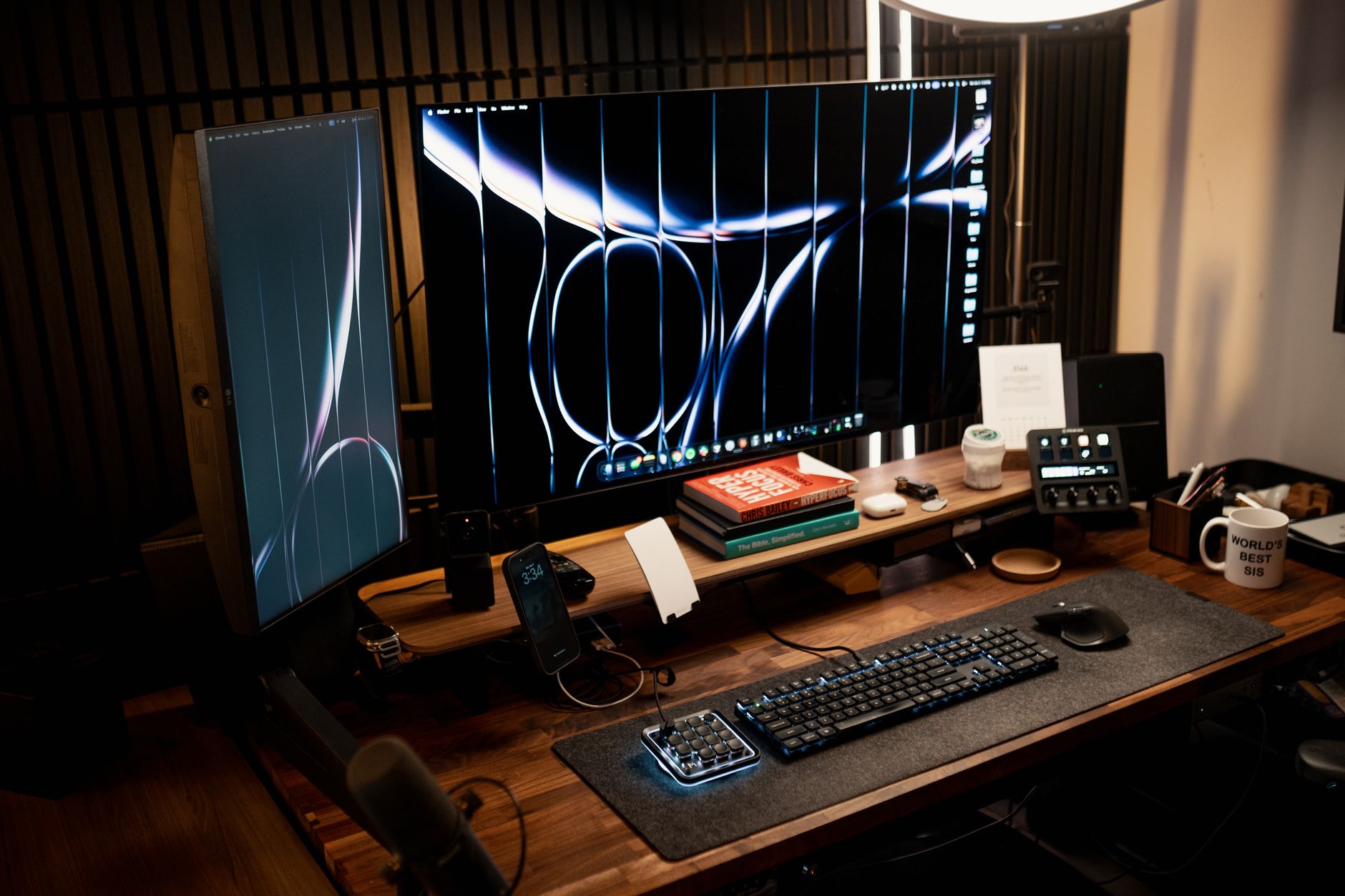 home studio desk dual monitor daw setup headphones