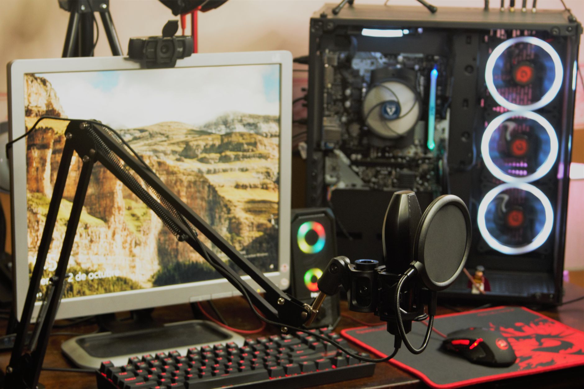 condenser microphone on desk with audio interface