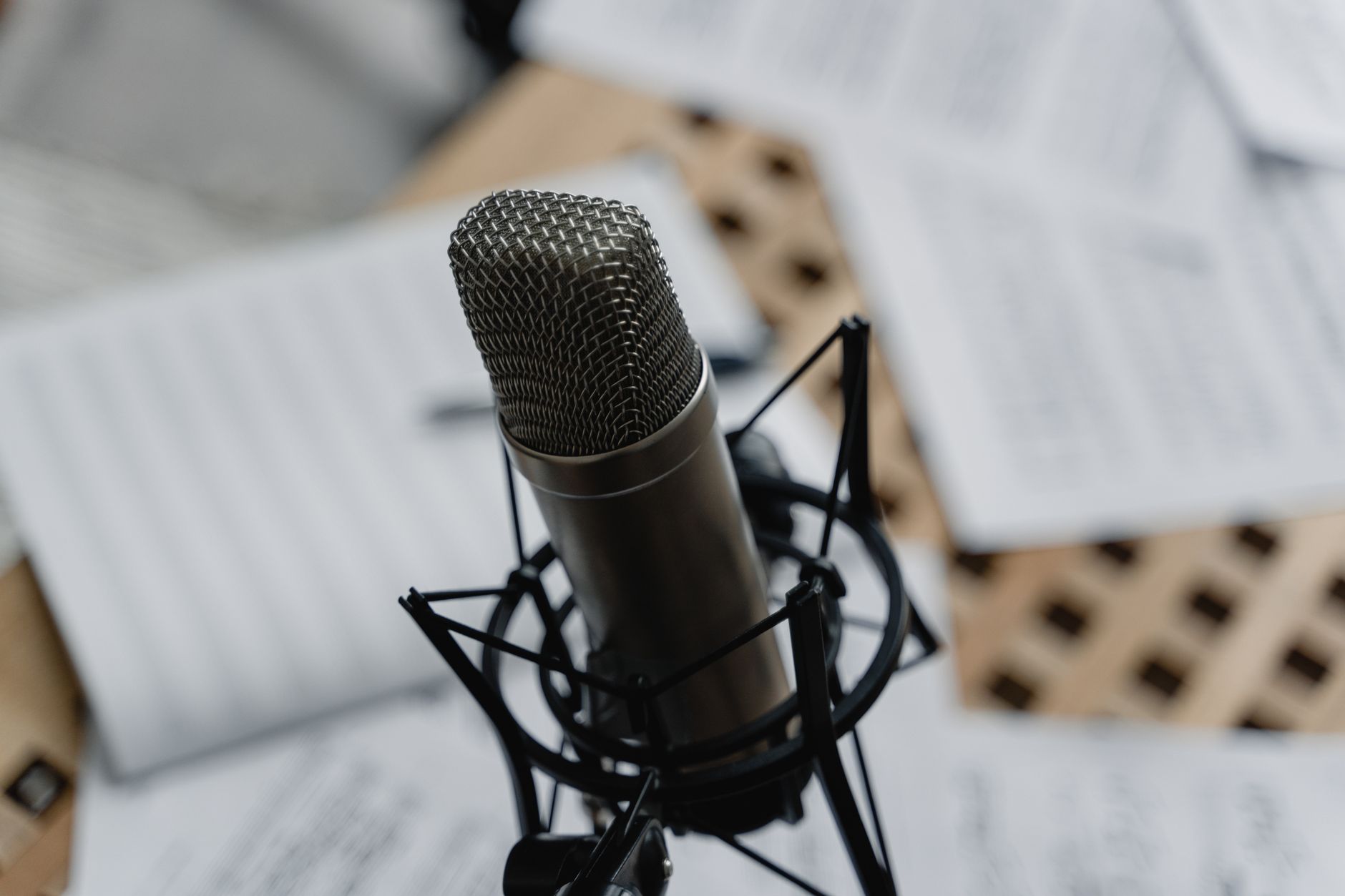 condenser microphone with pop filter on mic stand in home studio