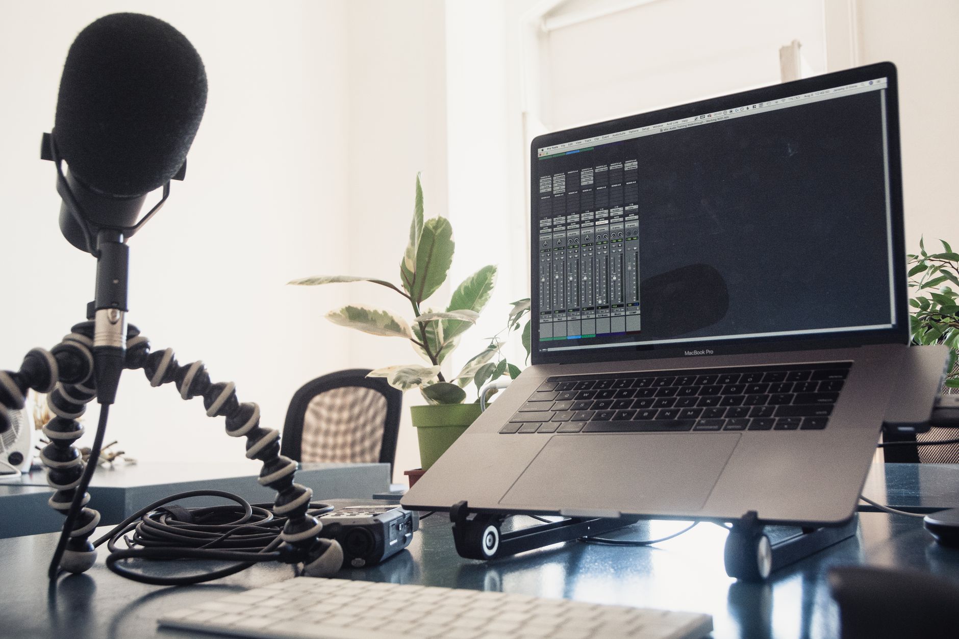 audio interface and microphone on desk home studio setup