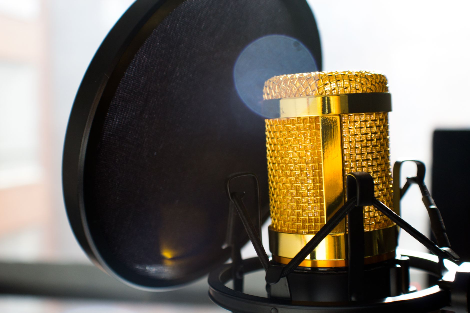 condenser microphone with pop filter on boom arm studio recording