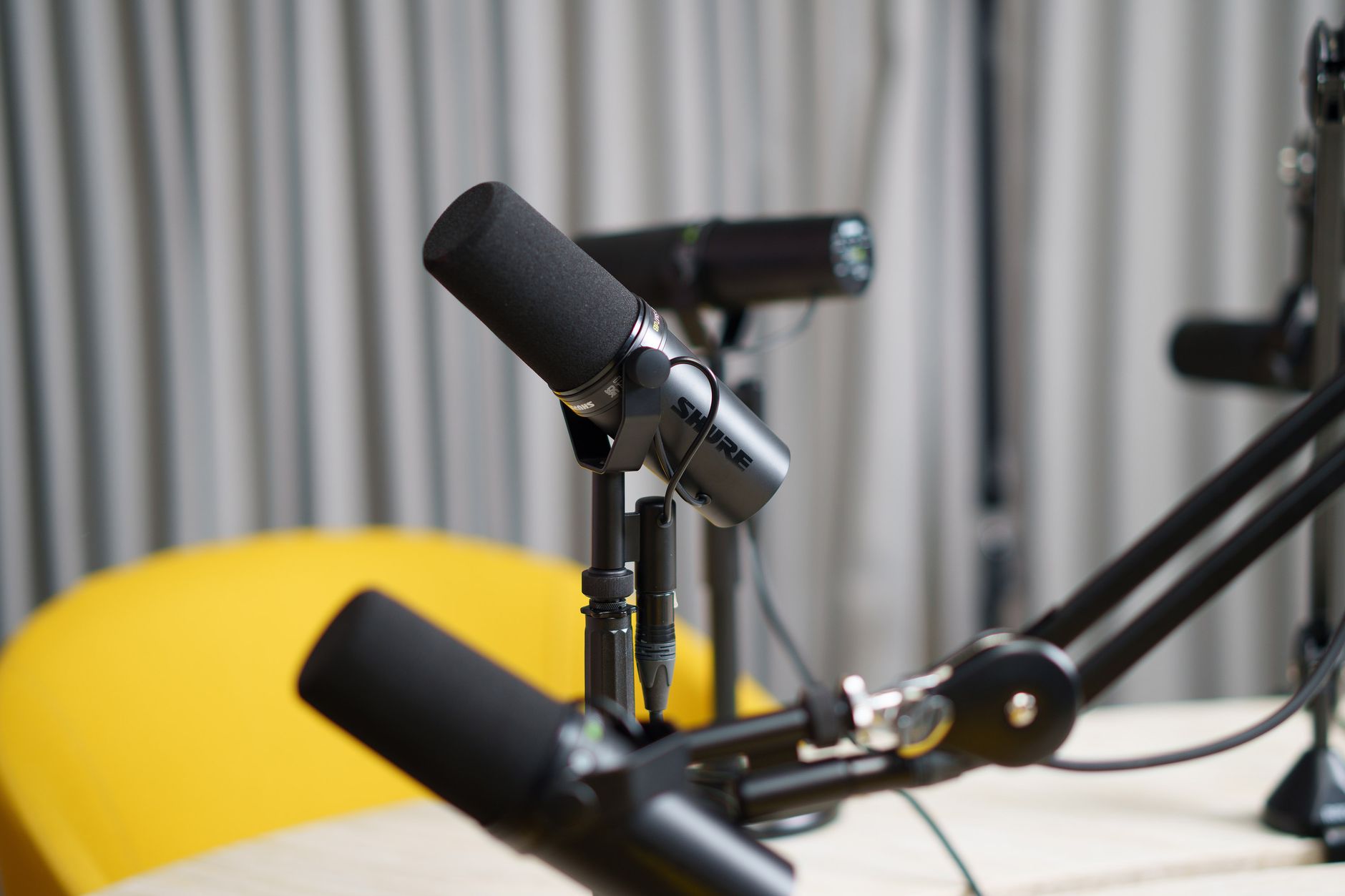 two microphones on boom arms facing each other podcast setup
