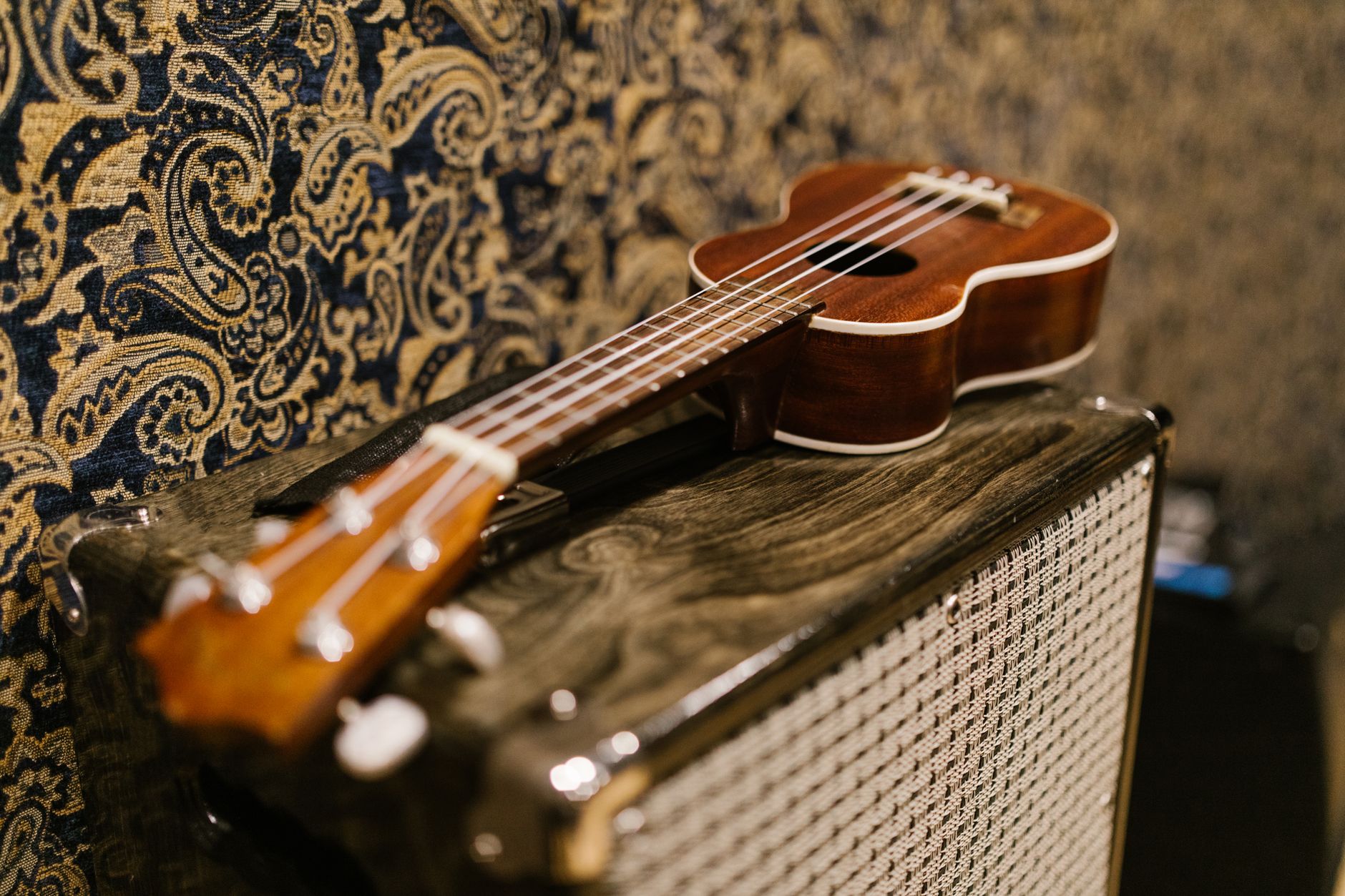 two microphones set up on guitar amplifier studio recording