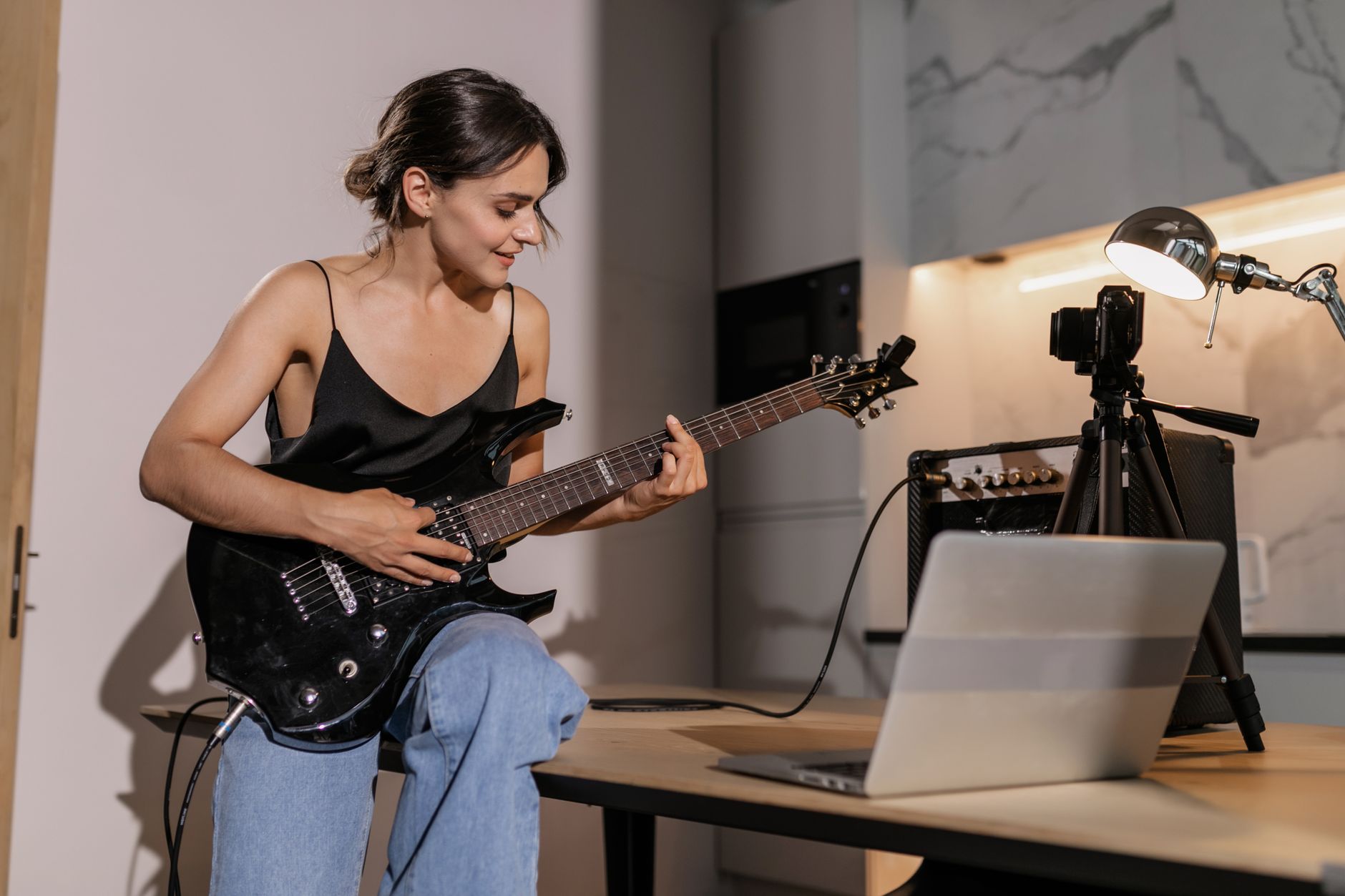electric guitar audio interface desk setup