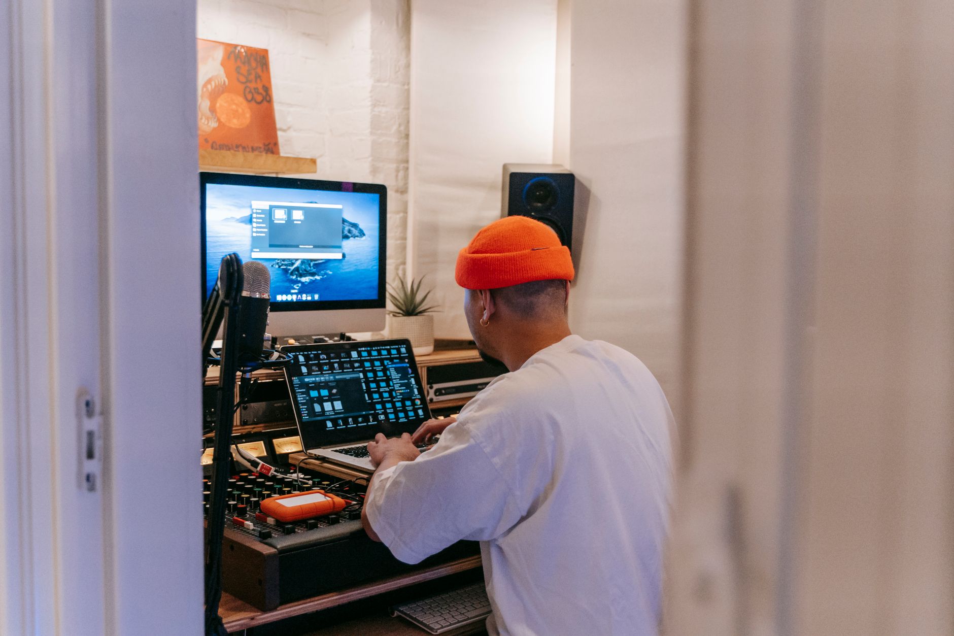 home recording studio desk setup dual monitors audio interface