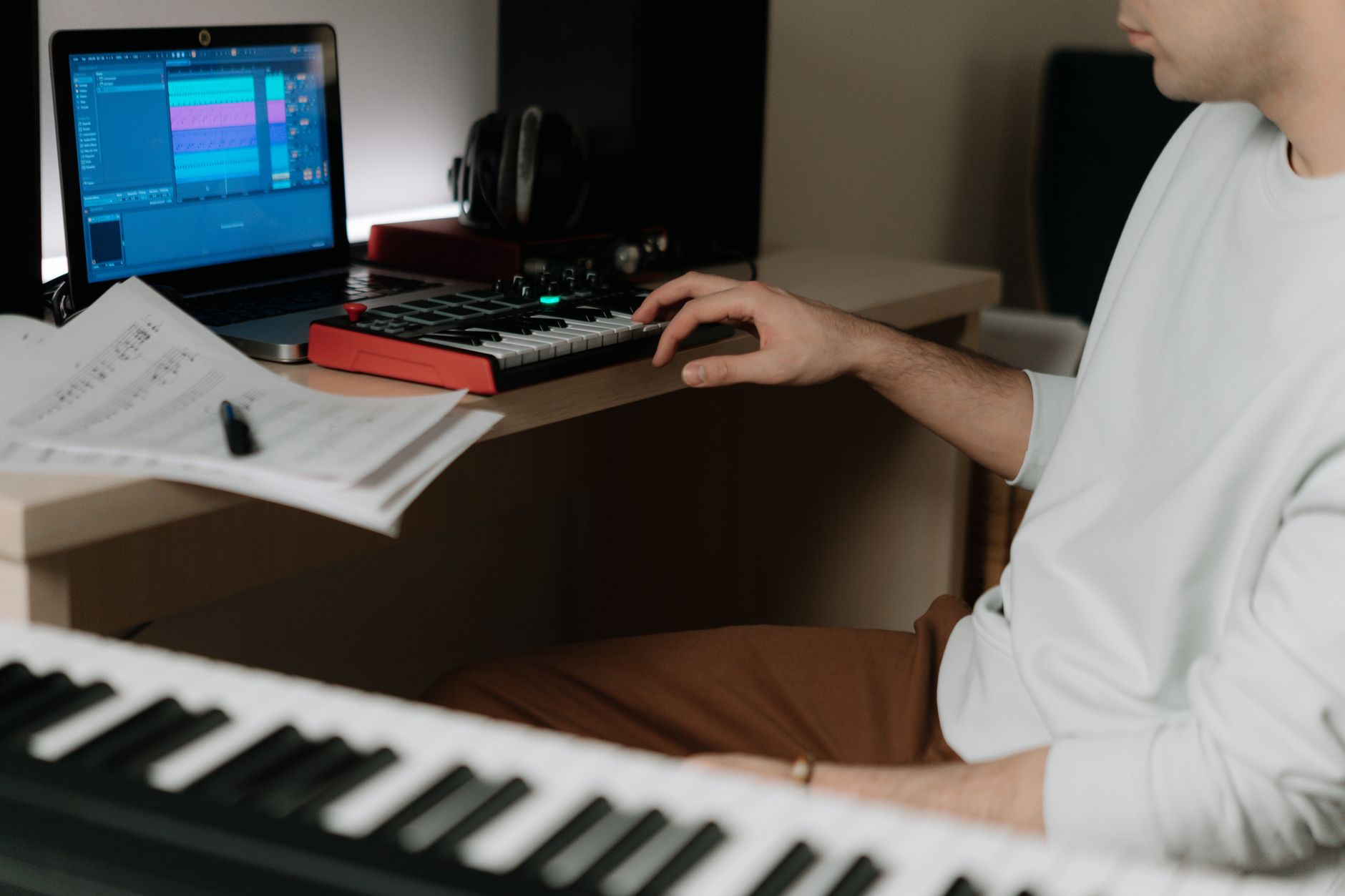 novation launchkey mini mk3 top-down desk view