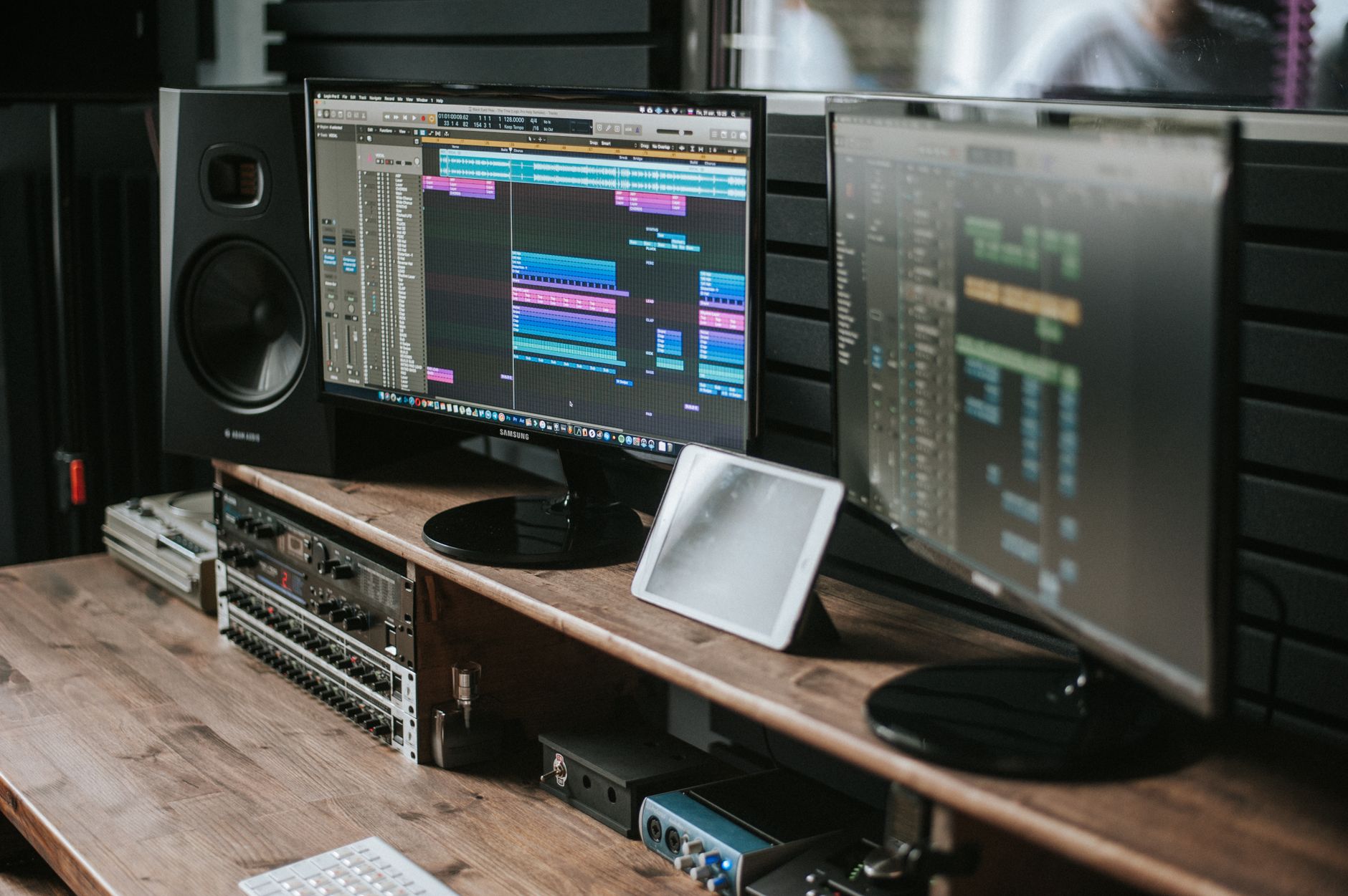 daw recording session multiple audio tracks laptop studio
